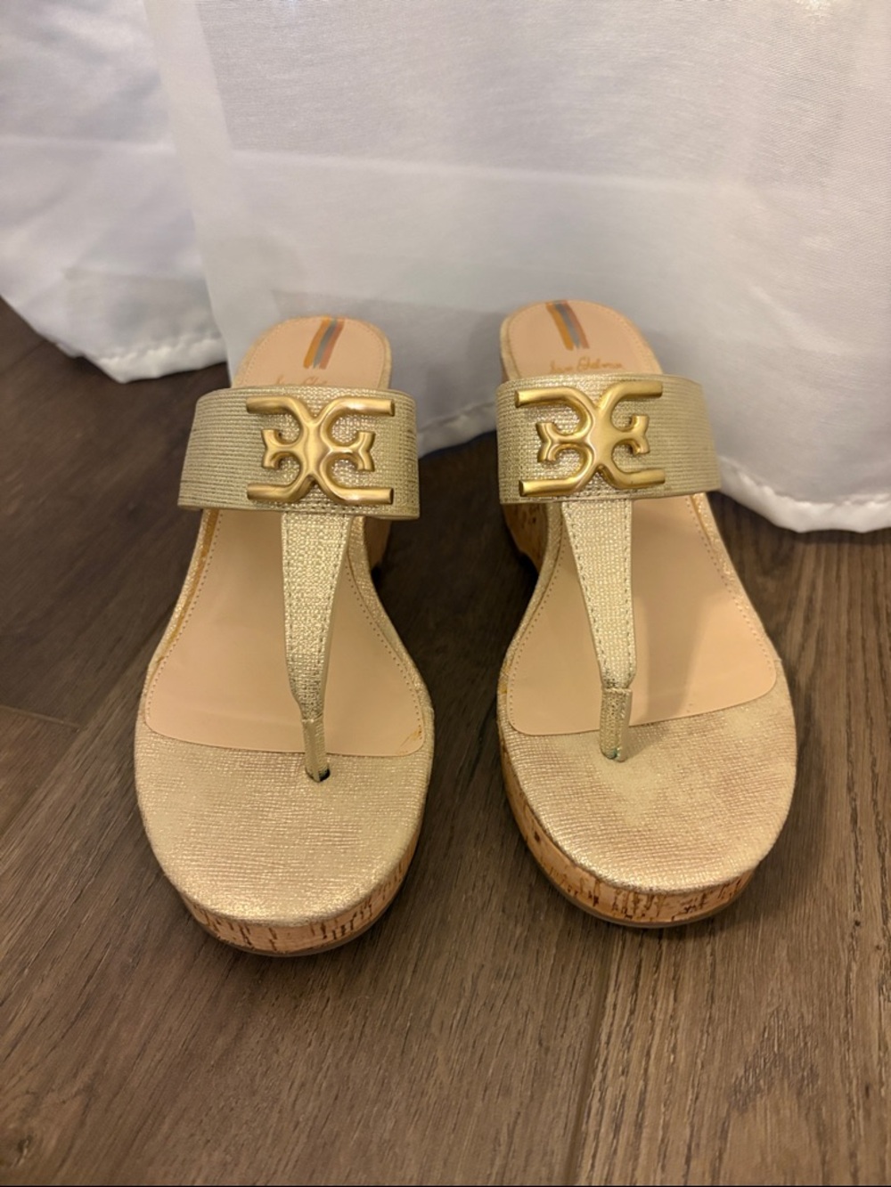 Sam Edelman Gold Metallic Wedge Thong Sandals with Logo Accent